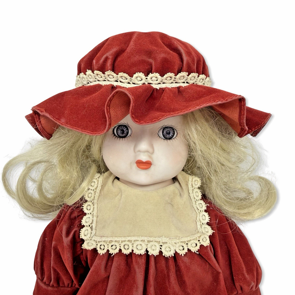 Vintage Schmid Musical Doll 16” 1982 Red Velvet Dress Porcelain Music Box